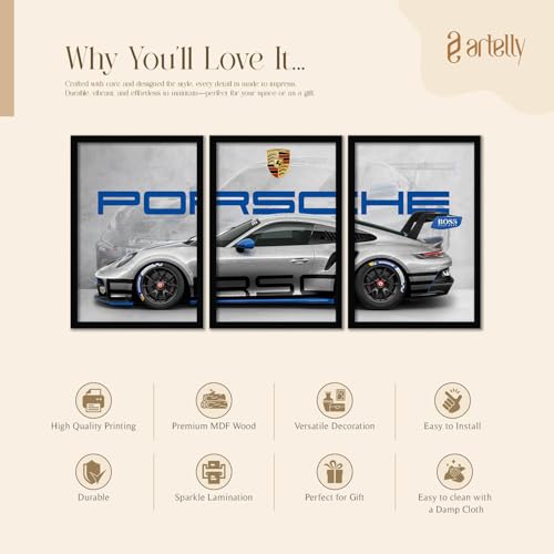 Image of ARTELLY Big Porsche 911 GT3rs Sports Car Framed Wall Posters, Set of 3, Premium Framed Painting, Living Room Bedroom Decoration, Large Size Gift Item for Boys Room Decor (Porsche 1, 13x19 inch)