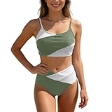 Generisch 2026 Costume da bagno da donna bikini a vita alta per neon due pezzi, bikini a blocchi colorati 2026, pannello di colore, verde militare, S