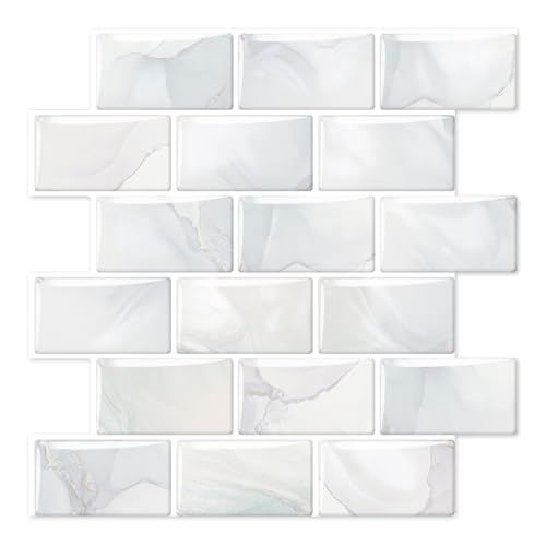 Tretizl 10 Sheets Thicker Design Peel and Stick Backsplash, 12"x12" Peel and Stick Wall Tiles, Subway Look Marble Tiles Backsplash for Kitchen and Bathroom, Light Gray Veins by Tretizl - Used condition - US$26.48