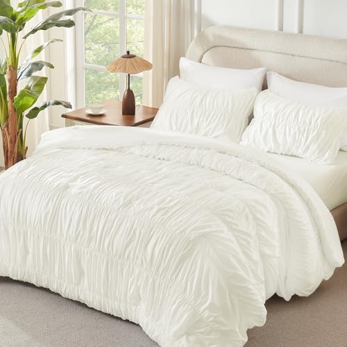 Image of Andency Ruched Ivory Queen Size Comforter Set, Shabby Chic Pleated Bedding Sets 3 Pieces, Lightweight Soft Boho Ruffle Bed Set for Girls, Kids, Women, All Season
