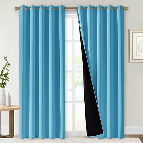 NICETOWN 100% Blackout Short Curtains with Black Liners, 2 Panels, 37" W by 50" L, Teal Blue, Solid Thermal Insulated Full Blackout 2-Layer Lined Drapes, Energy Efficiency Window Draperies f