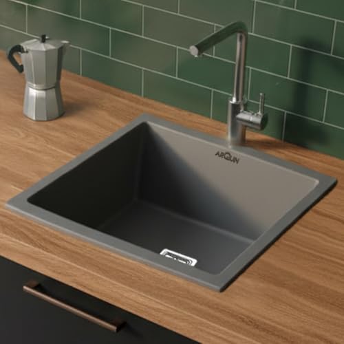 Image of ARQUIN Quartz Kitchen Sink 18x16x9 Inch Grey | Single Bowl Sink | Durable & Scratch-Resistant | Undermount /Topmount Including Coupling, Waste Pipe & Fruit Washing Basket