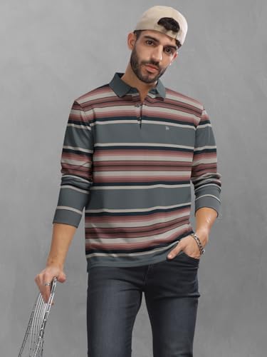 Image of BULLMER Striped Textured Printed Polo Neck Fullsleeve T-Shirt with Rib for Men