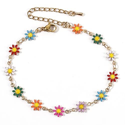 Colorful Handmade Oil Drip Flower Beads And Gold Metal Chain Linked Ankle Bracelet For Women Colorful Flower 17Cm #TOP17