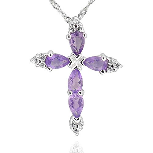 Gemschest Sterling Silver Pear Shaped Amethyst Cross Pendant Necklace 18" Chain