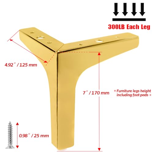Seimneire Furniture Legs, 7 Inch Gold Metal Furniture Feet Heavy Duty Nightstand Legs for Table Cupboard Sofa Couch Chair（4Pack） by Seimneire - Image 4