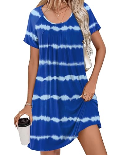 Image of Ekouaer Sleep Shirts for Women Short Sleeve Nightshirts Pleated Nightgowns Loose Fit Night Dress Soft Sleepwear Tie Dye Blue M