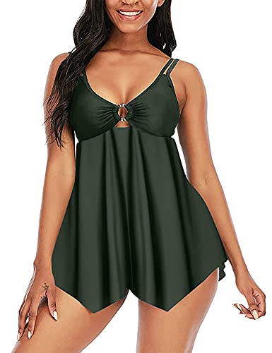 AONTUS Two Piece SwimwearPlus Size Swimsuits Swimming for Women Tummy Control (Dark Green, S)