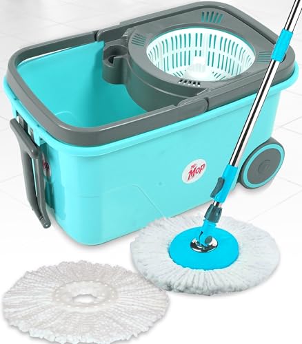 Image of Mr.Mop 360 Degree Square Spin Bucket Mop for Floor Cleaning with Rod Stick and 2 Microfiber Refill | Magic Pocha Set (Aqua Green (Plastic Jali))