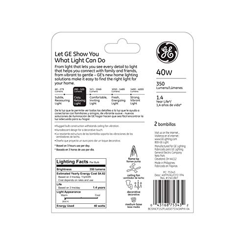 Ge Lighting F15 Auradescent Incandescent Candelabra Light Bulbs, Flame Tip, Clear Finish, Decorative F Type, 40-Watt, 350 Lumen, E26 Medium Base, 8-Pack #TOP2