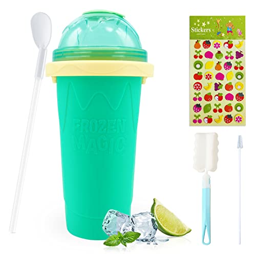 Slushie Maker Cup,Magic Quick Frozen Smoothies Cup Cooling Cup,Double Layer With lid Squeeze Cup Slushy Maker,with a cup brush,cartoon stickers,Straw brush,for Everyone