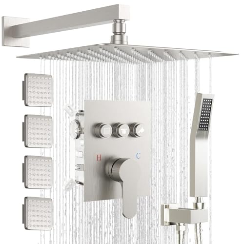 Shower System with Body Jets, Bostingner Shower Faucet Set 12' Rain Shower Head with Handheld Spray, Can Use at Same Time, 3 Way Push Button Diverter Shower Set Complete, Brushed Nickel