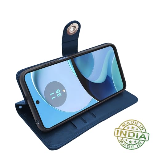 Image of Pikkme Flip Cover Leather Finish | Inside TPU with Card Pockets | Wallet Stand and Shock Proof | Complete Protection Button Flip Case for Moto G14(Blue)