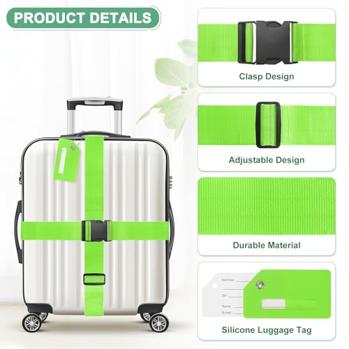 Image of M METERXITY 2-Sets Luggage Straps TSA Approved, Travel Straps for Luggage Suitcase Tags Set, Adjustable Suitcase Belt [Bright Green]