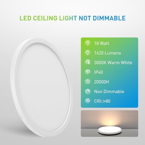 Yafido lampa sufitowa LED, ultra cienka, 18 W, 1620 lm, panel LED 3000 K, ciepła biel, okrągła lampa sufitowa do salonu, sypialni, korytarza, biura, kuchni, na balkon i do jadalni, bez możliwości ściemniania, Ø 18 c