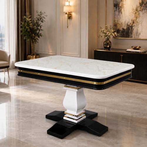 Image of RK Wood Wooden Dining Table Set of 4, Luxury Marble-Effect Sunmica Top, Modern 4 Seater Dining Table with Velvet Upholstered Beige Cushioned Chairs, Sheesham Wood Legs & Brass Strip for Dining Room
