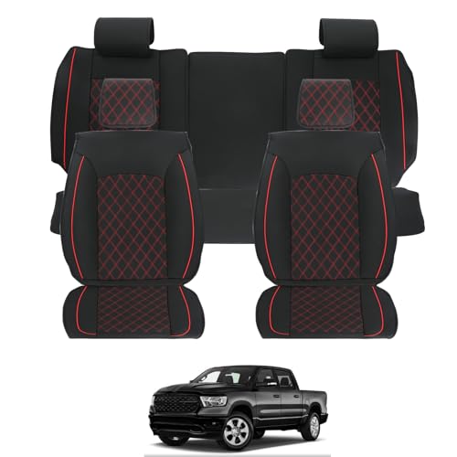 ROCCS Leather Seat Covers 5 Seats Full Set Fit for 2009-2024 Dodge Ram 1500 Cushion Cover Breathable,2010-2026 Dodge Ram 2500 3500 Airbag Compatible Waterproof Truck Seat Cover Red Line
