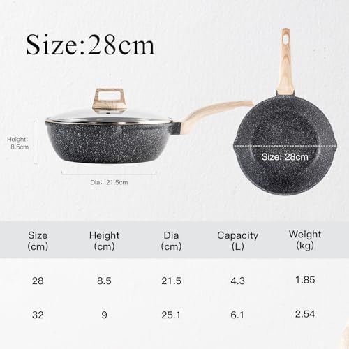 Image of CAROTE Induction Frying Pan, 28 cm Saute Pan with Lid, Non-Stick Coating for All Heat Sources Including Induction, PFOA Free, Wok for Everyday Cooking