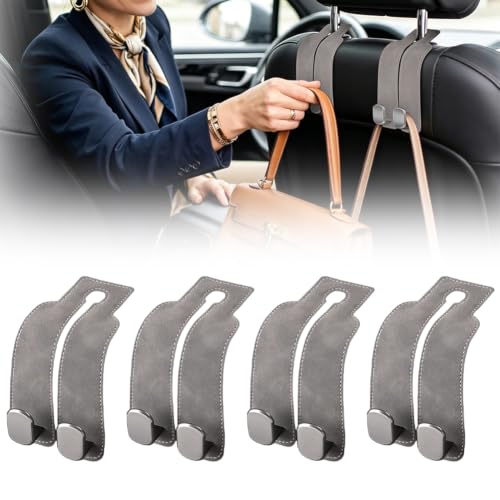Image of Car Seat Back Organizer, Twinhook Leather Car Headrest Organizer (4, Grey) | Heavy Duty Car Seat Holder for Purses and Bags, Car Purse Hanger with Dual Hooks for Travel