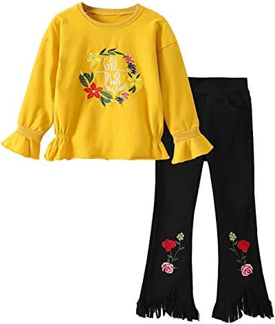Baby Girls Toddler Kids Rose Sweatshirt Leggings Pants 2PCS Outfits Set(Rose B Yellow Flowers,130)