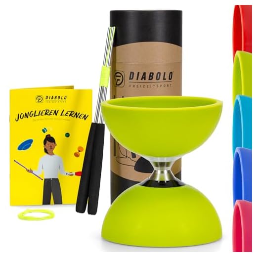 Diabolo Freizeitsport Jonglier-Set Pro mit kugelgelagertem Diabolo (hellgrün), Aluminium Handsticks, Ersatzschnur (160cm), Anleitung, tolles Geschenk