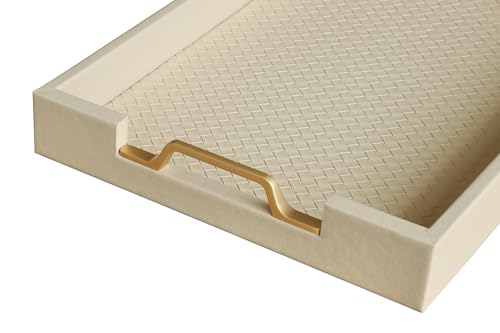 HofferRuffer Faux Leather Rectangle Serving Tray Decor Platter with Gold Metal Handles for Coffee Table, Breakfast, Tea, Food, Countertop, Kitchen, Butler Tray, 16.2 x 12.2 x 2 inches (Cream White) by HofferRuffer - Image 6