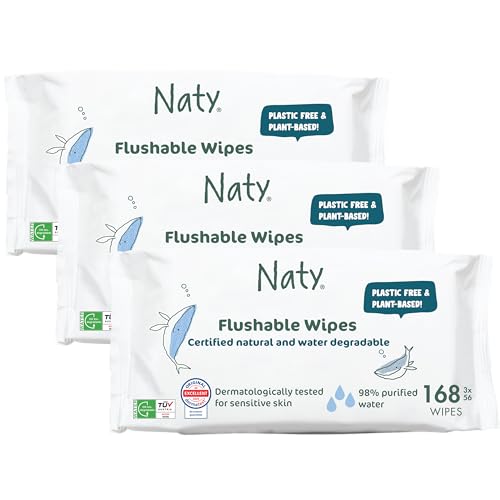 Image of Naty Flushable Baby Wipes | 98% Water, Hypoallergenic & Natural for Sensitive Skin | Unscented, Fragrance-Free, Plant-Based | Plastic-Free, Water-Degradable | Newborn & Toddler | 168 Count (3 Packs)