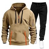 Conjunto deportivo de dos piezas para hombre, casual, con capucha, sudadera deportiva con cintura elástica, pantalones de 2 piezas, J-821 Caqui, M