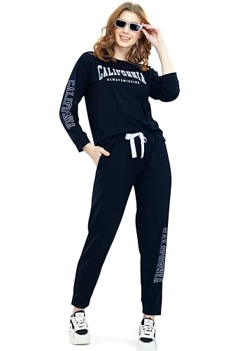 Image of ZEYO Women's Cotton Typography Printed Relaxed Night Suit Set of Top & Joggers