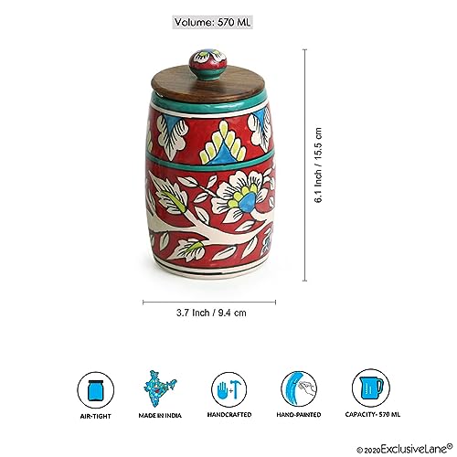 Image of ExclusiveLane 'Mughal Drum' Multi Utility Storage Ceramic Jar For Kitchen Storage With Wooden Lid (Airtight,570 ML)|Ceramic Jars And Container For Kitchen Storage Airtight Container For Kitchen,Red