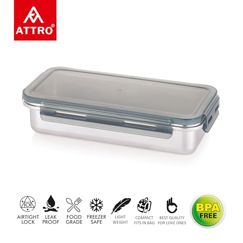 Image of Attro Steelox Rectangle Stainless Steel Container with Plastic Seal Lid BPA Free Food Grade Leak-Proof Ideal for School, Office & Outdoor Lunch Pack - 630ml Grey