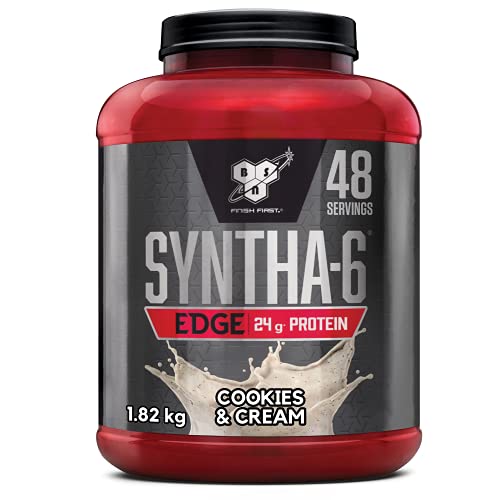 BSN Syntha 6 Edge poudre protéinée pauvre en glucides & sucre, avec isolat de protéines de lactosérum et BCAA, complément pour prise de masse musculaire, cookies & crème, 48 doses, 1,87 kg