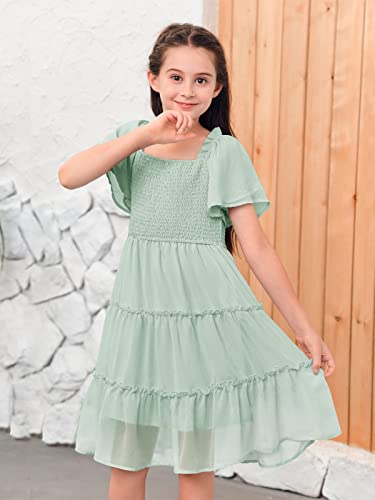 Kingdenergy Girls Summer Chiffon Casual Dress Square Neck Ruffle Short Sleeve Frilly Smocked Elastic Ruffle Hem Tulle Dresses Dusty Blue #TOP1