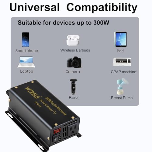 Image of WZRELB 300W Pure Sine Wave Inverter 600W Peak DC 12V to 110V AC Power Converter Off Grid LED Display with Remote Controller