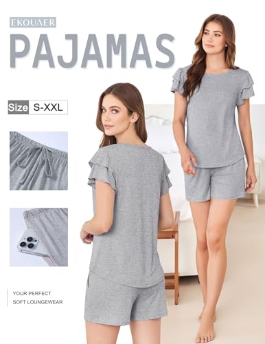 Image of Ekouaer Womens Pajama Sets 2 Piece Ruffle Sleeves Top and Shorts Pjs | Soft Sleepwear Cute Loungewear Set with Pockets for Sleep, Lounge, Wedding, Party, Bridal