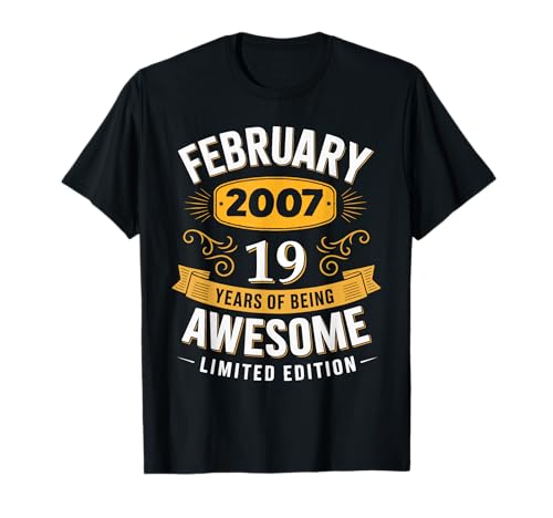 19 Years Old Awesome Since February 2007 19th Birthday Gifts T-Shirt
