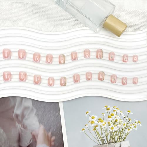 YOSOMMK French Tip Press on Nails Short Square Fake Nails with Heart Designs Glitter Sequins Stick on Acrylic Nails Glossy Nude Glue on False Nails for Women and Girls - Thumbnail 5