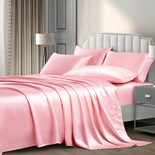 Satin Sheets Queen (6 Pieces, Blush Pink) - Pothuiny Luxury Silky Satin Bed Sheets Queen Bedding Set, Extra Soft Satin Sheet Set, 1 Satin Fitted Sheet + 1 Flat Sheet + 4 Pillow Cases