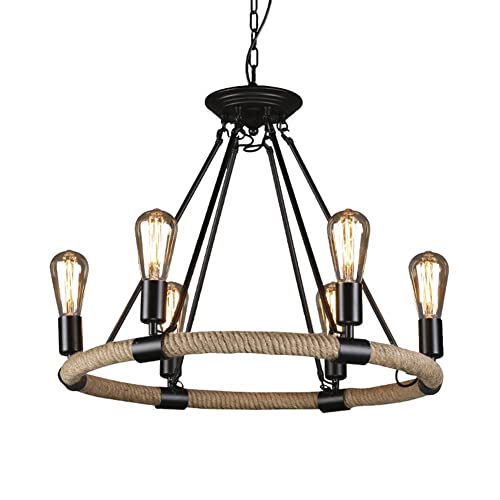 HMASNSEIY Lámpara de araña de Cuerda de cáñamo Estilo Vintage, 6 Luces, Estilo rústico, de Hierro Forjado, Estilo Antiguo, Cadena Ajustable de Longitud para Sala de Estar, Cocina, Hotel, Bar, lámpara