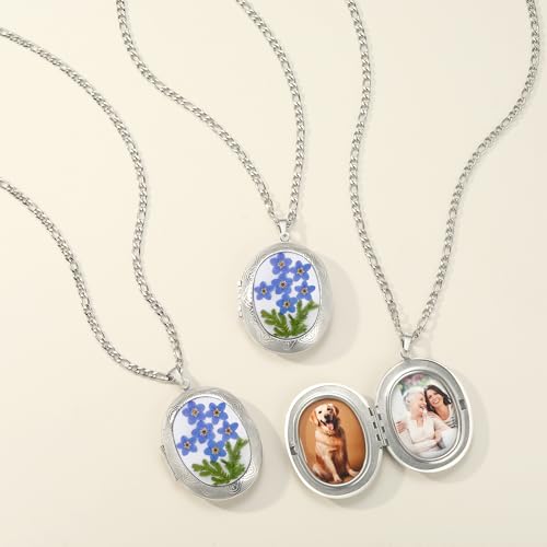 Locket Necklace Photo Lockets that Hold Picture | Forget-Me-Not and Plant Pressed Flower Locket Necklace | Polished Oval Pendant | Chain 25.6"2