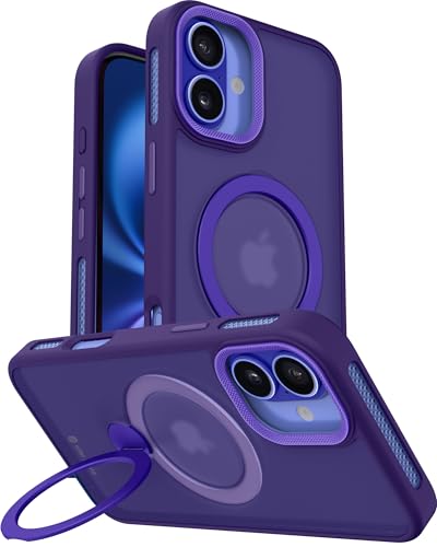 Image of eller sante Maximus Back Cover Case for iPhone 16 Plus with Magnetic Alloy Ring Metal Kickstand Camera Protector TPU Shockproof 10ft Drop Protection Compatible with Mag-Safe- Purple