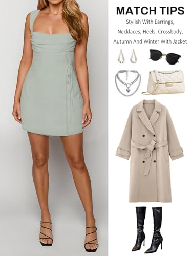 Image of Women's Sexy Ruched Mesh Midi Short Dresses for Women Square Neck Fitted Elegant Club Party Cocktail Dress