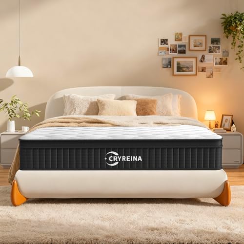 CRYREINA Queen Mattress 12 inch, Hybrid Mattress in a Box, Individually Pocket Springs, Medium Firm Feel for Pressure Relief, Breathable Comfort, CertiPUR-US Certified, Gray&White