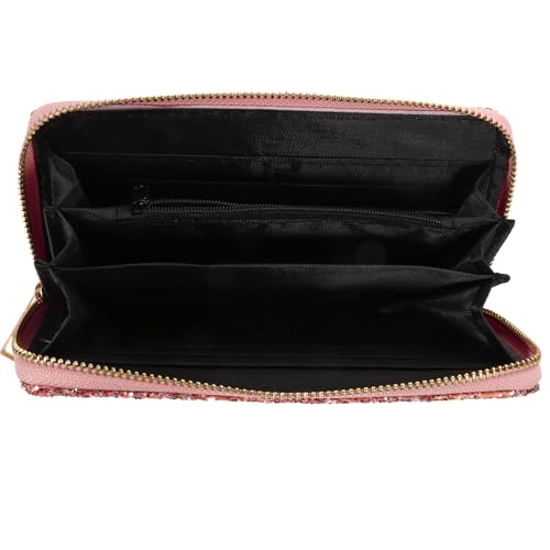 Housoutil Cartera Cremallera para Mujer Larga Rosa Nº 2, Billetera Brillante de PU y Poliéster, Monedero Portátil Compartimentos para Tarjetas y Billetes, Bolso de Moda para Viajes y Uso