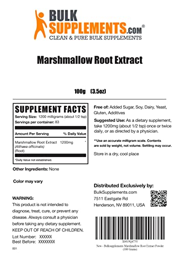 Bulksupplements.com Marshmallow Root Extract Powder - Herbal Extract, Marshmallow Powder, Lung Support Supplement - 1200Mg Of Marshmallow Extract Per Serving, Gluten Free (100 Grams - 3.5 Oz) #TOP1