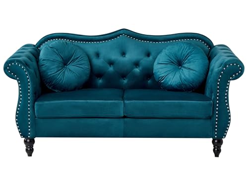 Beliani Canapé Glam en Velours 2 Places Capitonné Accoudoirs Arrondis Bleu Sarcelle Skien