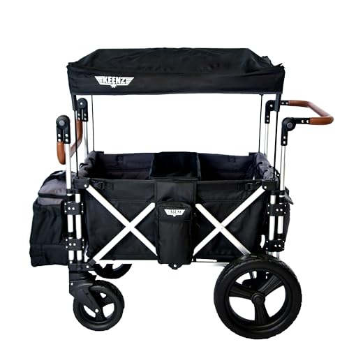 Image of Keenz 7S+ Ultimate 4-Passenger Baby Toddler Wheeled Stroller Wagon w/Foldable Frame, Harnesses, Canopy Cover, Cooler Basket, & Storage Pockets, Black
