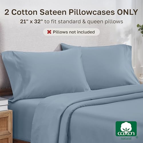Image of California Design Den 800 Thread Count 2-Pack Queen Size Pillow Case | Soft & Thick 100% Cotton Sateen Backed by GH Seal, Classic Side Opening 4 inch Hem, Fits Standard & Queen Pillows - Dusty Blue