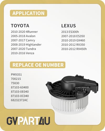 Image of Front Blower Motor 700215 for Toyota Tundra Camry 4Runner Highlander Venza Avalon 2007 2008 2009 2010 2011 2012 2013 2014 2015 2016 2017 2018, for 2007-2019 Lexus OE: PM9351 75830 871030E040