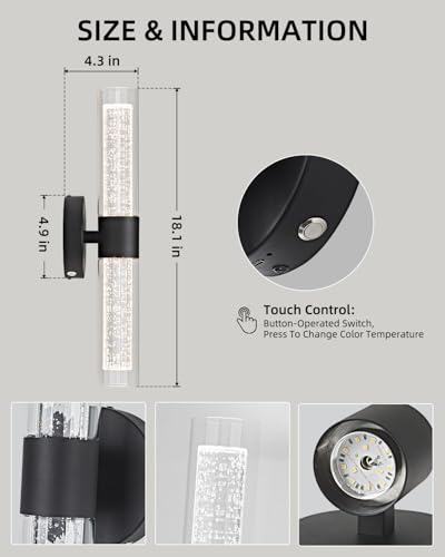 Image of OKELI Battery Operated Crysta Wall Sconces, Black Battery Wall Sconce with Remote Control, LED Rechargeable Sconces, 3000K-6000K Wireless Wall Light for Bedroom, Living Room, Hallway, 1 Pack